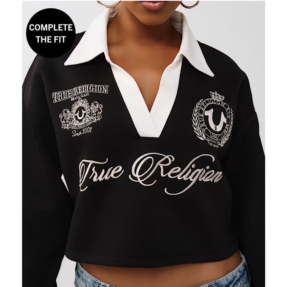True Religion Embroidered Shrunken Polo Pullover, Black, Retail 134 USD - Picture 6 of 13